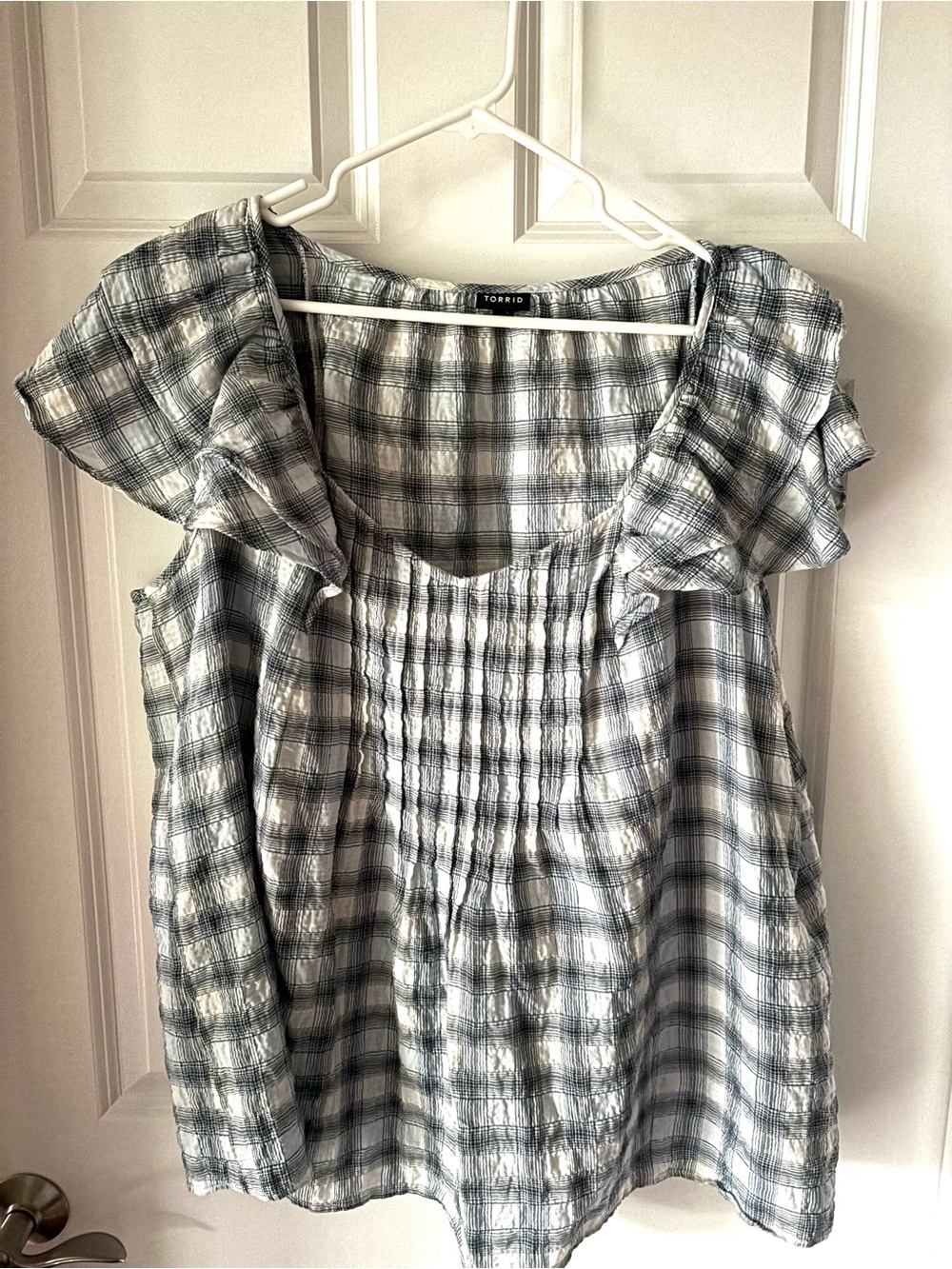 torrid Blue and White Plaid Ruffle-Sleeve Peasant Top